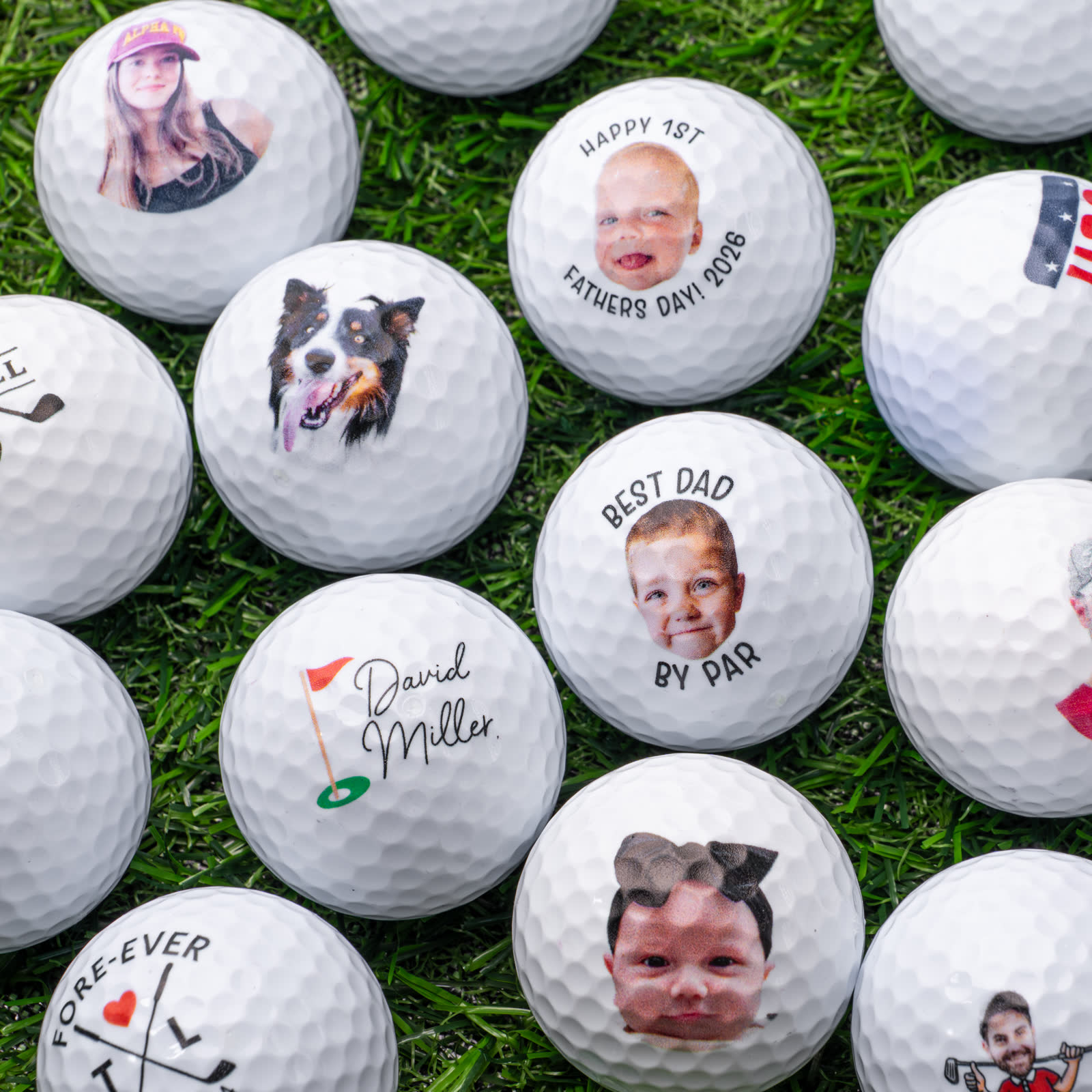 Custom photo golf balls featuring kids, dogs, names and jokes, printed in Gilroy, California