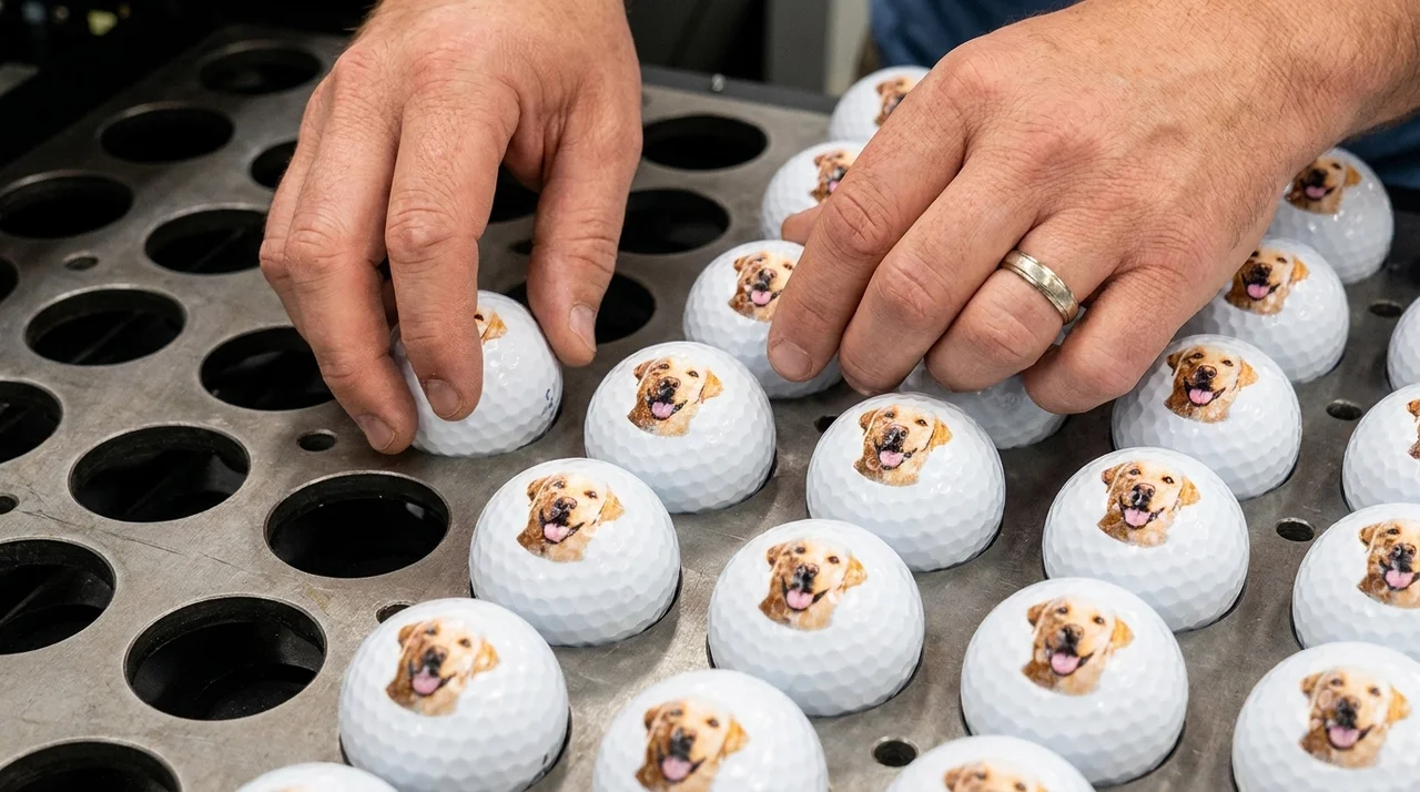 Loading photo golf balls onto the printer by hand in our Gilroy, California workshop
