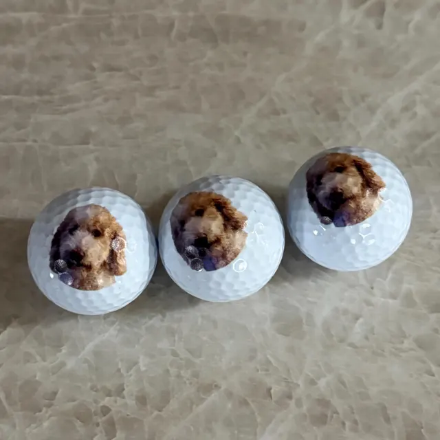 Three golf balls printed with a doodle puppy